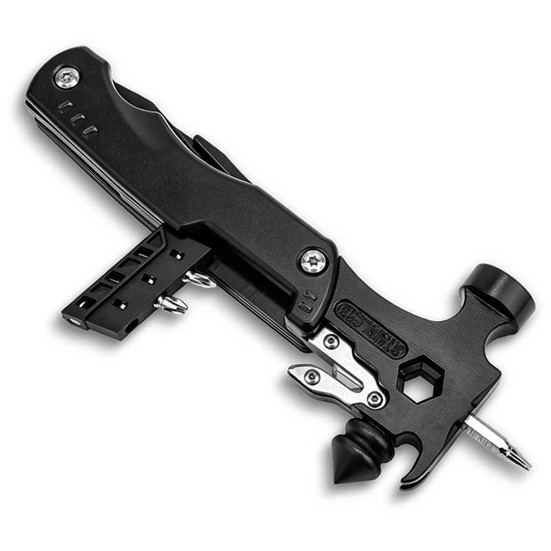 MS-034-3 professional 17-in-1 fire and rescue multi-tool hammer, heavy-duty 3Cr13 stainless steel with integrated glass breaker, seatbelt cutter, and multi-size hex keys, tactical black finish.