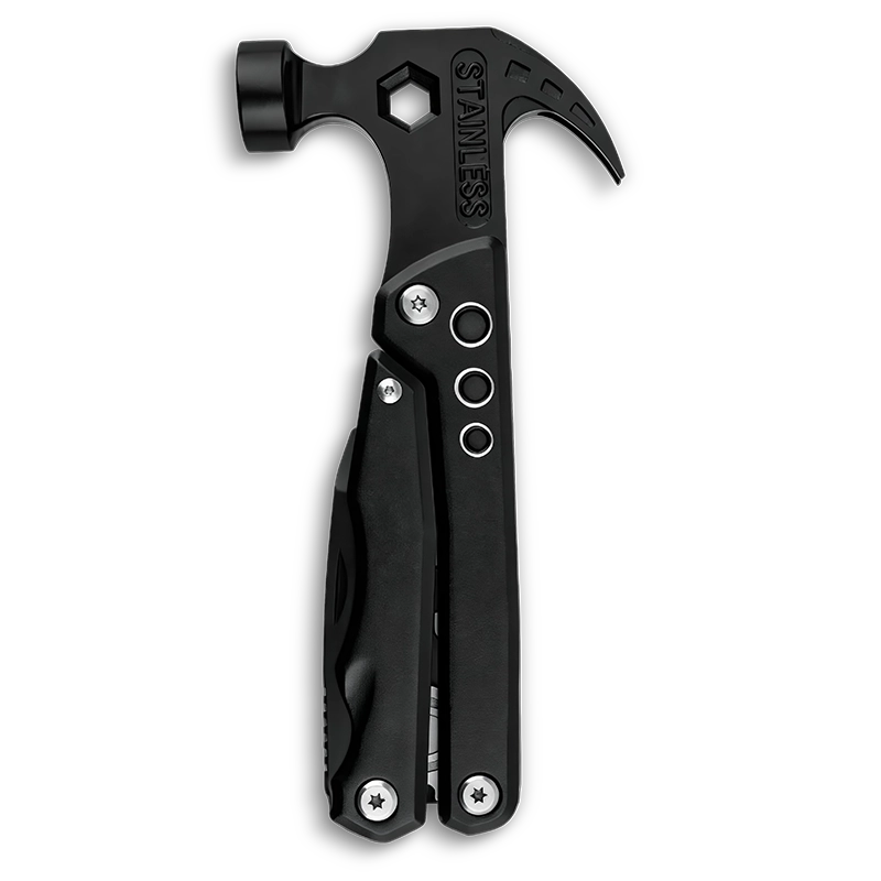 MQ-022 tactical 12-in-1 multi-tool claw hammer, 3Cr13 stainless steel survival tool with heavy-duty pliers, nail claw, and CRV Phillips bits, black oxidized finish.