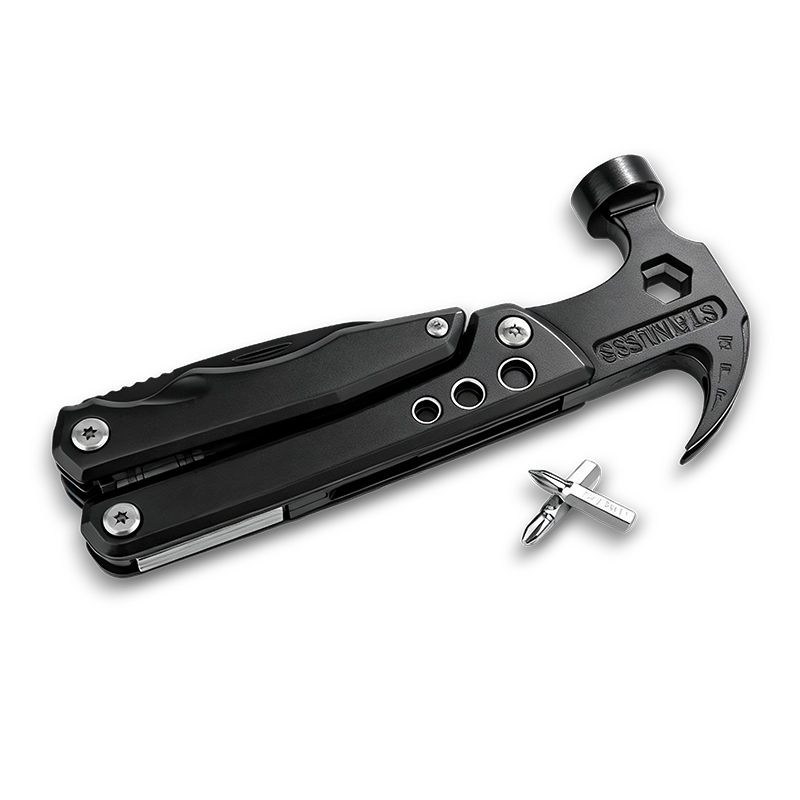 MQ-022 tactical 12-in-1 multi-tool claw hammer, 3Cr13 stainless steel survival tool with heavy-duty pliers, nail claw, and CRV Phillips bits, black oxidized finish.