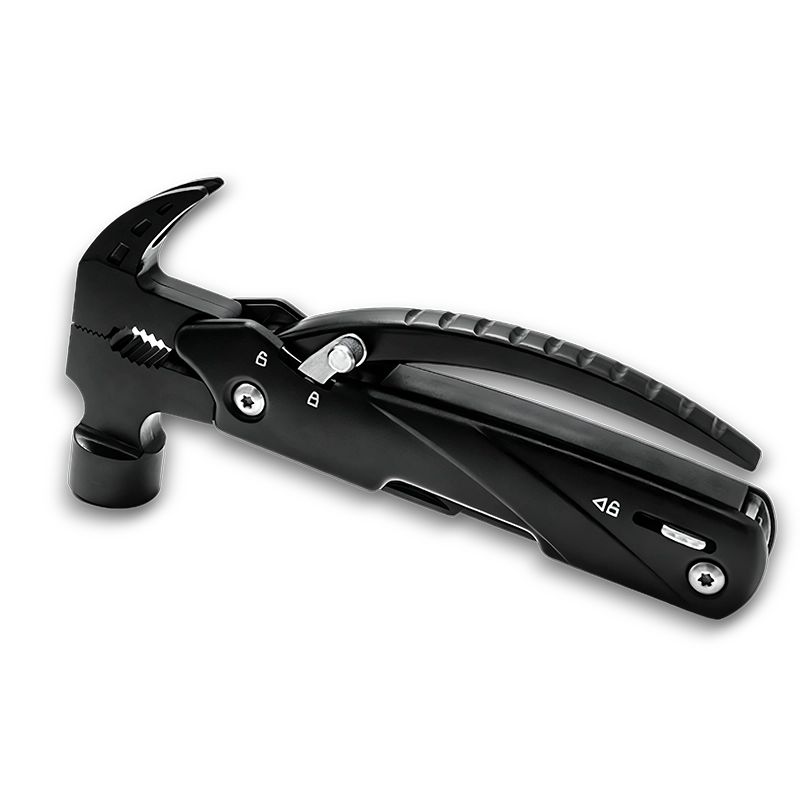 MS-035 professional 13-in-1 tactical multi-tool claw hammer with dual safety locks, 3Cr13 stainless steel components, integrated pliers, and double-tooth saw, black oxidized finish.