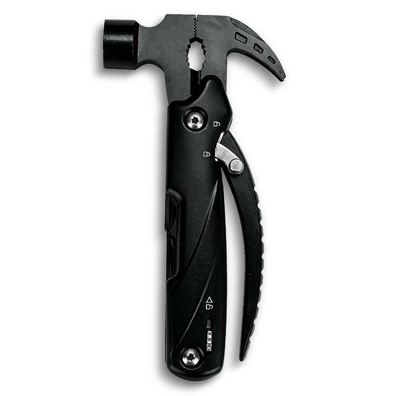 MS-035 professional 13-in-1 tactical multi-tool claw hammer with dual safety locks, 3Cr13 stainless steel components, integrated pliers, and double-tooth saw, black oxidized finish.