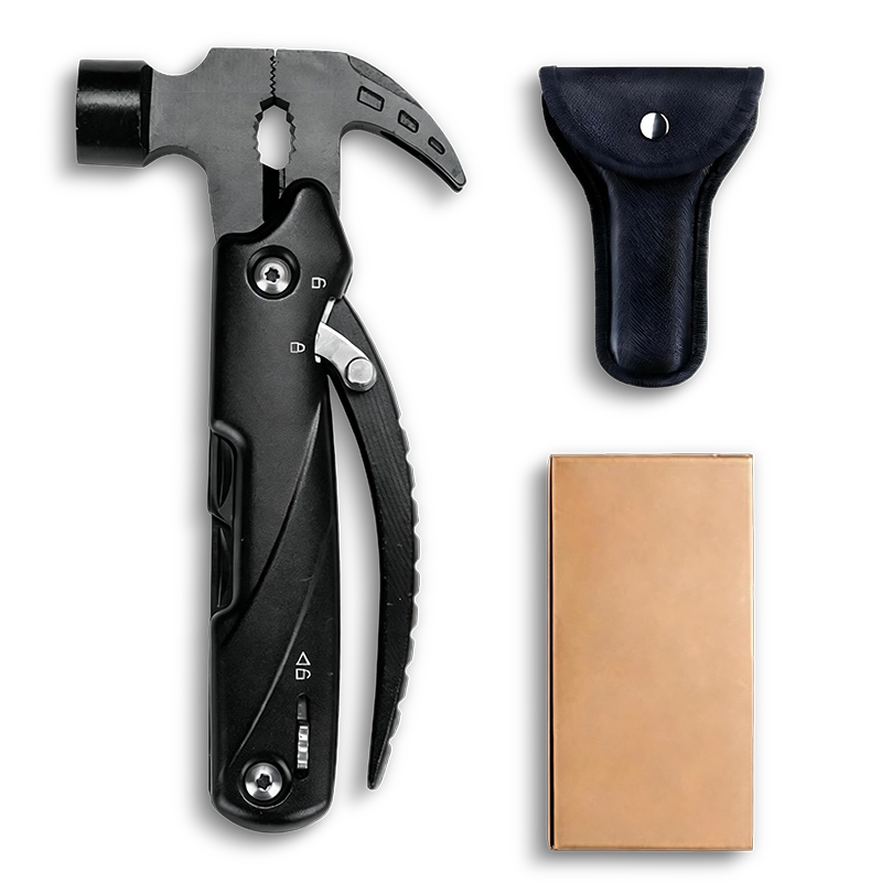 MS-035 professional 13-in-1 tactical multi-tool claw hammer with dual safety locks, 3Cr13 stainless steel components, integrated pliers, and double-tooth saw, black oxidized finish.