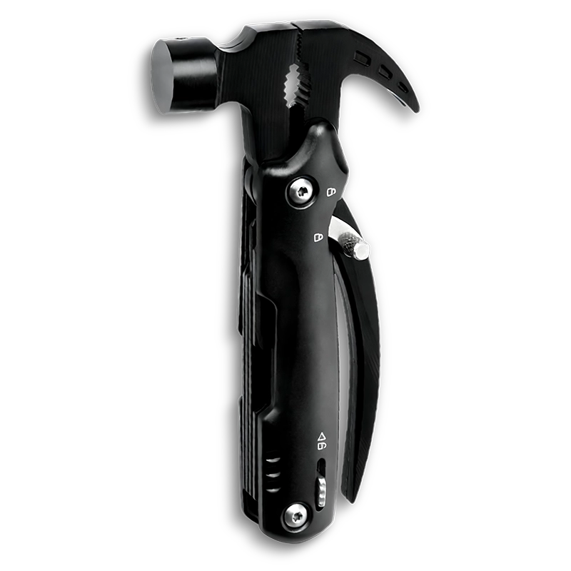 MS-035B compact 13-in-1 tactical multi-tool claw hammer, lightweight 247g stainless steel tool with dual safety locks, double-tooth saw, and black oxidized finish.