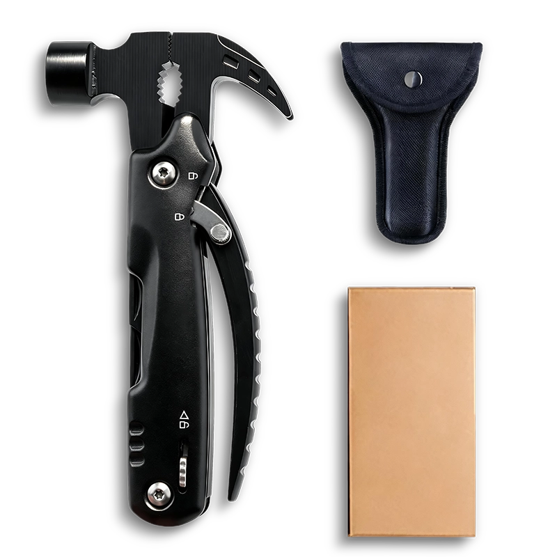 MS-035B compact 13-in-1 tactical multi-tool claw hammer, lightweight 247g stainless steel tool with dual safety locks, double-tooth saw, and black oxidized finish.