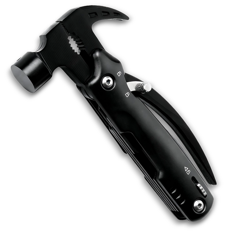 MS-035B compact 13-in-1 tactical multi-tool claw hammer, lightweight 247g stainless steel tool with dual safety locks, double-tooth saw, and black oxidized finish.