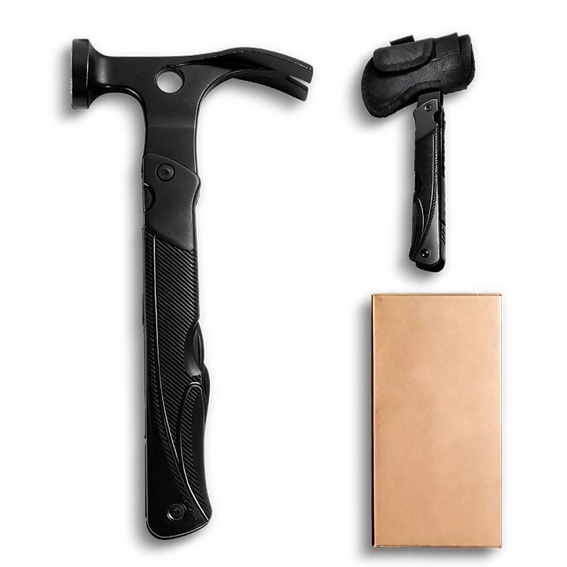 MS-041 tactical 11-in-1 long-handle multi-tool hammer with 2CR13 stainless steel impact head, integrated fire starter, whistle, and tactical hook in an all-black oxidized finish.