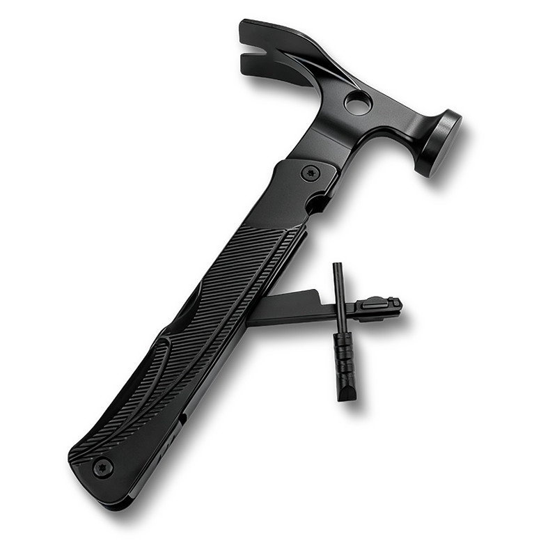 MS-041 tactical 11-in-1 long-handle multi-tool hammer with 2CR13 stainless steel impact head, integrated fire starter, whistle, and tactical hook in an all-black oxidized finish.