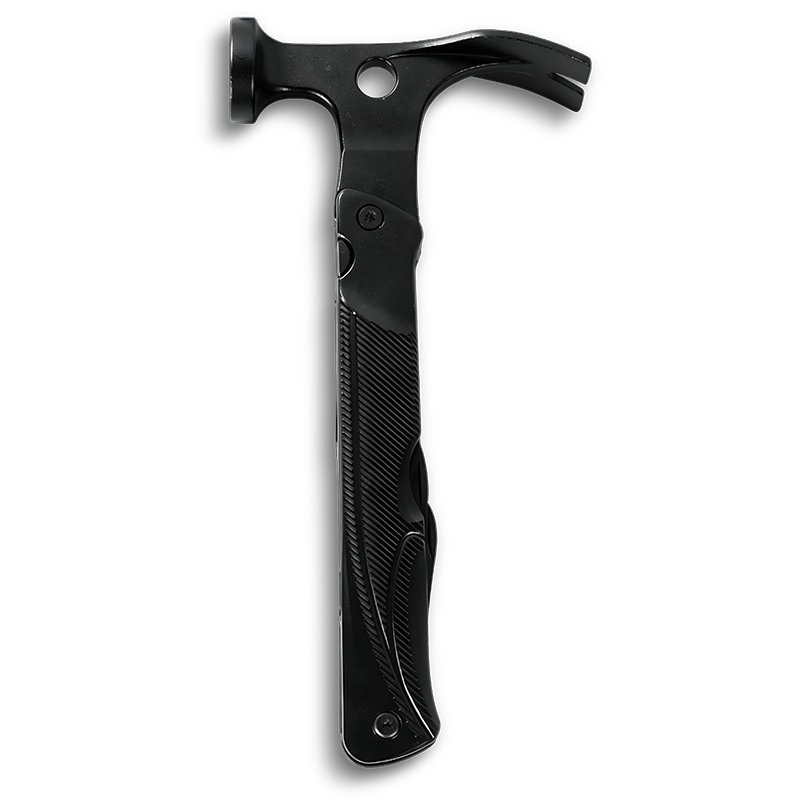 MS-041 tactical 11-in-1 long-handle multi-tool hammer with 2CR13 stainless steel impact head, integrated fire starter, whistle, and tactical hook in an all-black oxidized finish.