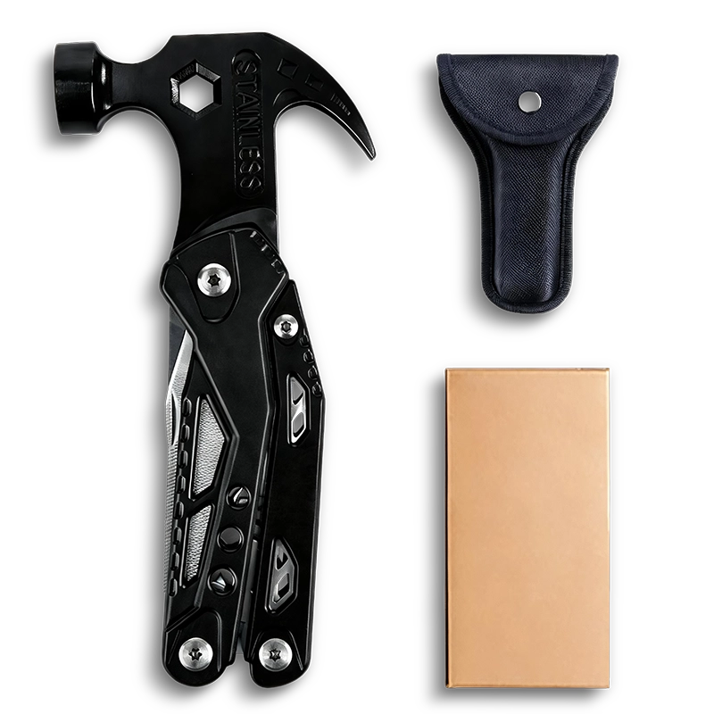 MQ-042 14-in-1 Tactical Multi-tool Claw Hammer, 3Cr13 Stainless Steel Components with Integrated Pliers, Nail Claw, and CRV Bits, Black Oxidized Professional Finish 4 MQ-042 tactical 14-in-1 multi-tool claw hammer with integrated needle-nose pliers, 3Cr13 stainless steel survival tool featuring a precision nail claw and CRV bits, black oxidized finish.
