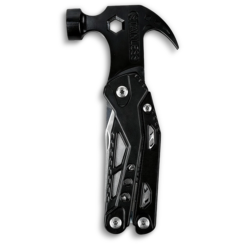 MQ-042 14-in-1 Tactical Multi-tool Claw Hammer, 3Cr13 Stainless Steel Components with Integrated Pliers, Nail Claw, and CRV Bits, Black Oxidized Professional Finish 2 MQ-042 tactical 14-in-1 multi-tool claw hammer with integrated needle-nose pliers, 3Cr13 stainless steel survival tool featuring a precision nail claw and CRV bits, black oxidized finish.