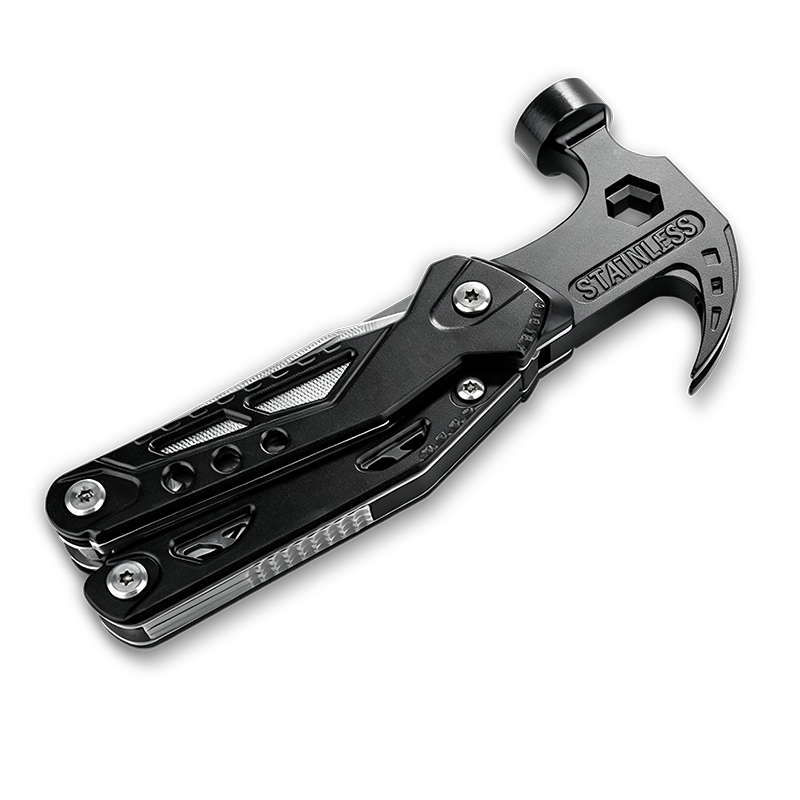MQ-042 14-in-1 Tactical Multi-tool Claw Hammer, 3Cr13 Stainless Steel Components with Integrated Pliers, Nail Claw, and CRV Bits, Black Oxidized Professional Finish 3 MQ-042 tactical 14-in-1 multi-tool claw hammer with integrated needle-nose pliers, 3Cr13 stainless steel survival tool featuring a precision nail claw and CRV bits, black oxidized finish.