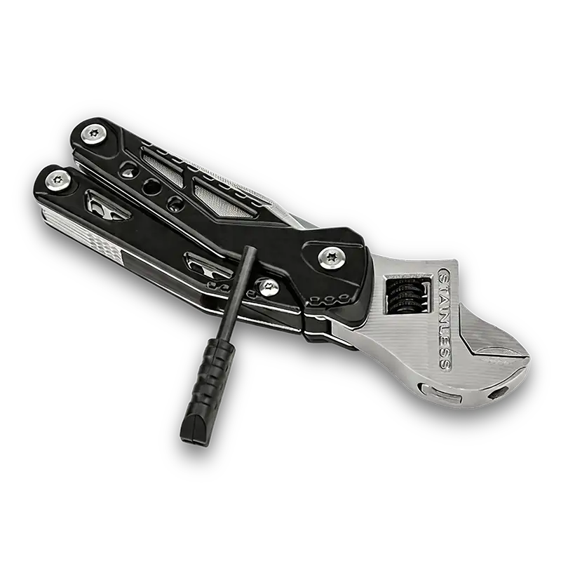 MQ-044 14-in-1 Survival Wrench (6"/20mm) with Integrated Pliers, Fire Starter, Whistle & CRV Bits, Black 3 MQ-044 tactical 14-in-1 survival adjustable wrench, 6-inch heavy-duty wrench with integrated pliers, fire starter, whistle, and CRV precision bits, black oxidized finish.