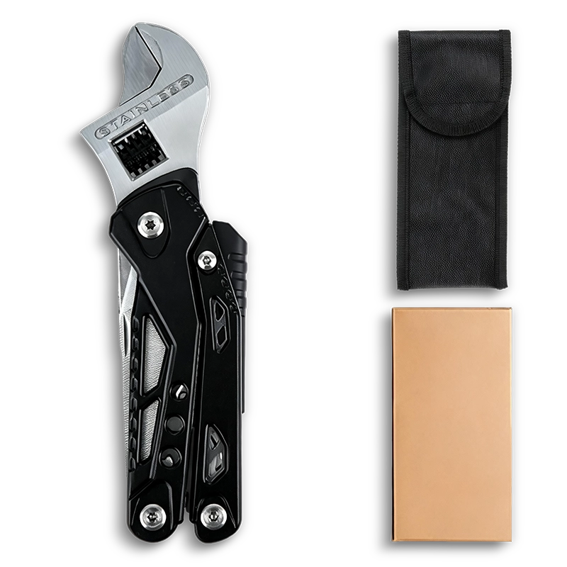 MQ-044 14-in-1 Survival Wrench (6"/20mm) with Integrated Pliers, Fire Starter, Whistle & CRV Bits, Black 4 MQ-044 tactical 14-in-1 survival adjustable wrench, 6-inch heavy-duty wrench with integrated pliers, fire starter, whistle, and CRV precision bits, black oxidized finish.