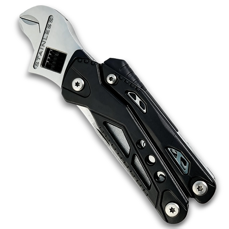 MQ-044 14-in-1 Survival Wrench (6"/20mm) with Integrated Pliers, Fire Starter, Whistle & CRV Bits, Black 2 MQ-044 tactical 14-in-1 survival adjustable wrench, 6-inch heavy-duty wrench with integrated pliers, fire starter, whistle, and CRV precision bits, black oxidized finish.