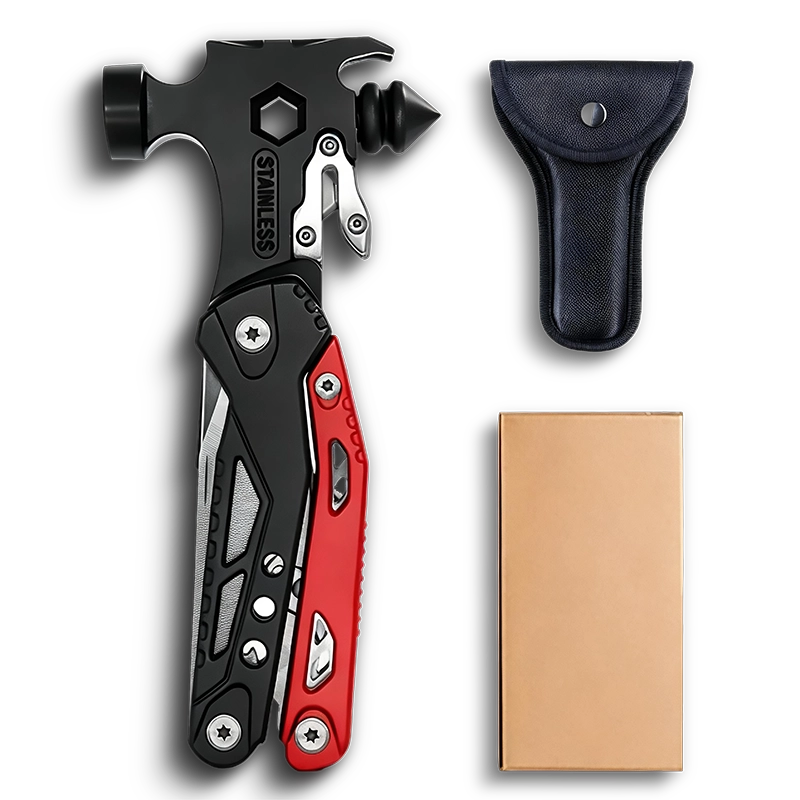 MQ-047 professional 16-in-1 emergency fire and rescue multi-tool hammer, 3Cr13 stainless steel with life hammer, seatbelt cutter, and high-visibility red & black aluminum handle.