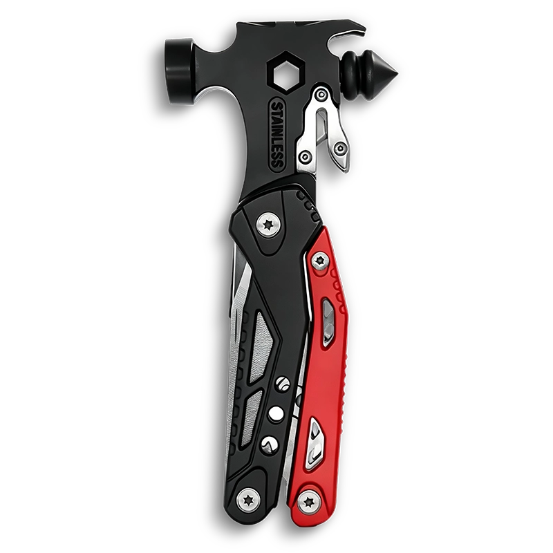 MQ-047 professional 16-in-1 emergency fire and rescue multi-tool hammer, 3Cr13 stainless steel with life hammer, seatbelt cutter, and high-visibility red & black aluminum handle.