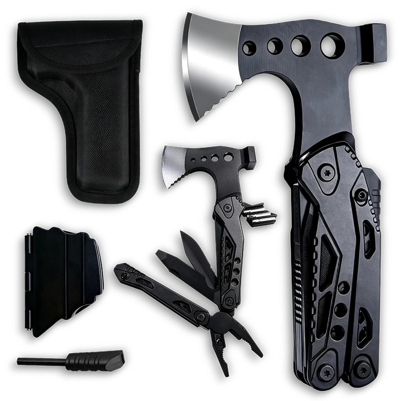 MQ0-48F 15-in-1 Tactical Survival Multi-tool Axe, 3Cr13 Stainless Steel Heavy Duty Hatchet with Hammer, Fire Starter, Whistle, and CRV Bits, Black Oxidized Finish 3 MQ048F tactical 15-in-1 multi-tool axe and hammer, high-grade 3Cr13 stainless steel survival hatchet with integrated pliers, fire starter, whistle, and premium CRV bits.