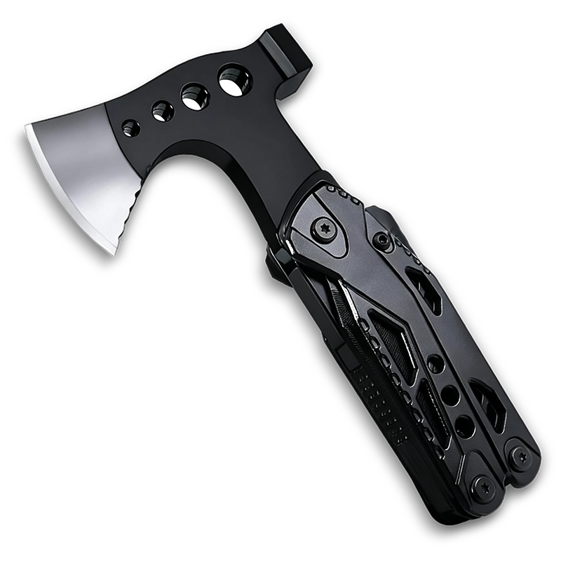 MQ0-48F 15-in-1 Tactical Survival Multi-tool Axe, 3Cr13 Stainless Steel Heavy Duty Hatchet with Hammer, Fire Starter, Whistle, and CRV Bits, Black Oxidized Finish 2 MQ048F tactical 15-in-1 multi-tool axe and hammer, high-grade 3Cr13 stainless steel survival hatchet with integrated pliers, fire starter, whistle, and premium CRV bits.