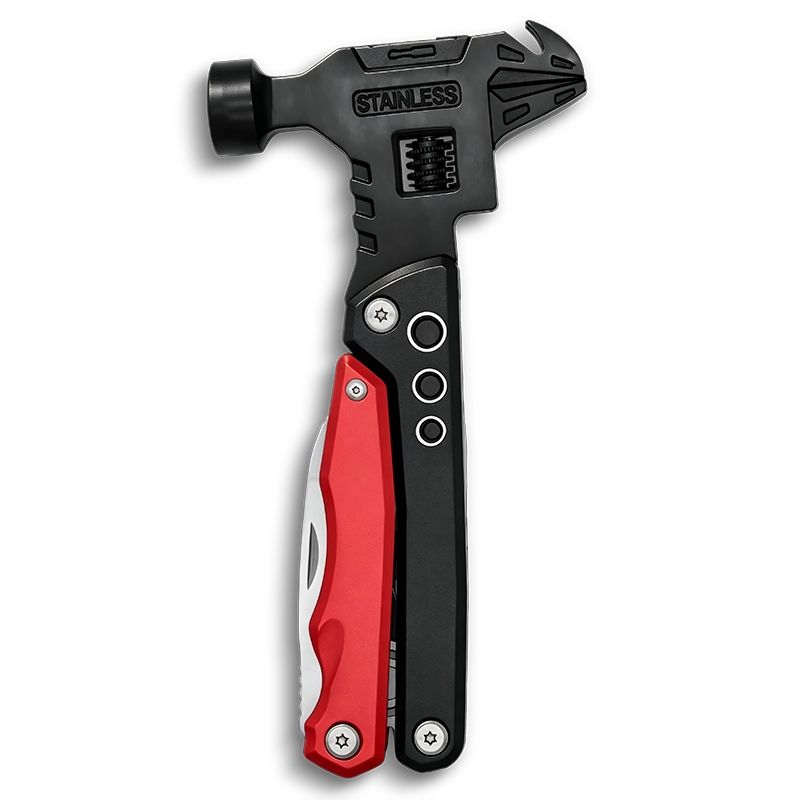 MQ-050 professional 12-in-1 tactical multi-tool hammer with integrated wrench, heavy-duty 2Cr13 steel head, and high-visibility red & black aluminum handle.