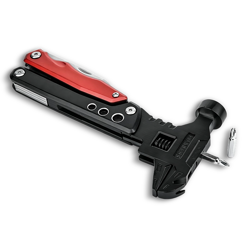 MQ-050 professional 12-in-1 tactical multi-tool hammer with integrated wrench, heavy-duty 2Cr13 steel head, and high-visibility red & black aluminum handle.
