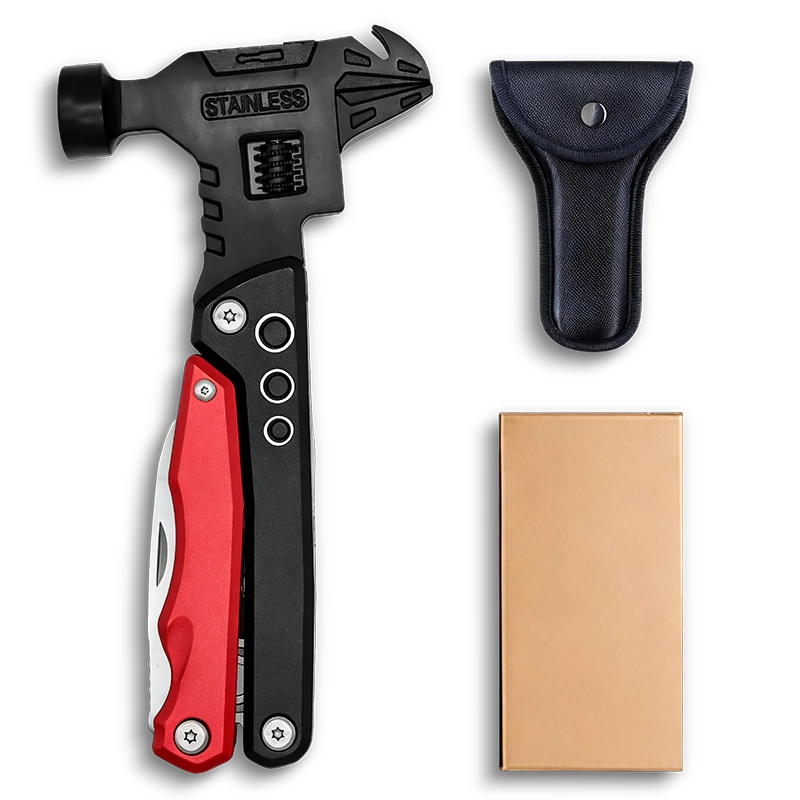 MQ-050 professional 12-in-1 tactical multi-tool hammer with integrated wrench, heavy-duty 2Cr13 steel head, and high-visibility red & black aluminum handle.