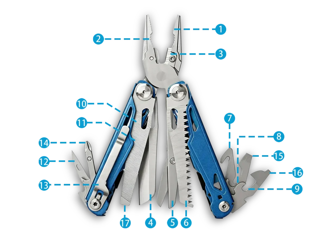MQ071 17-in-1 Industrial Multi-Pliers with Blue Handle and Belt Clip Wholesale