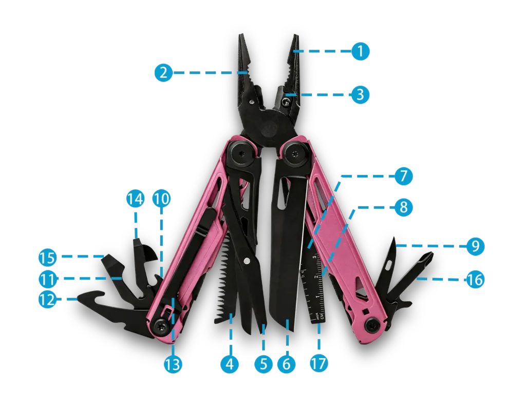 MQ071F 17-in-1 Professional Heavy-Duty Multi-Pliers, 5Cr15 High-Performance Steel with Tactical Pink Handle and Black Oxidized Components 43 MQ071F 17-in-1 Tactical Multi-Pliers with Pink Handle and Replaceable Cutters Wholesale
