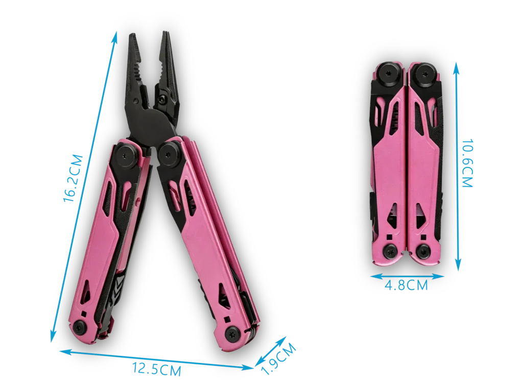 MQ071F 17-in-1 Professional Heavy-Duty Multi-Pliers, 5Cr15 High-Performance Steel with Tactical Pink Handle and Black Oxidized Components 44 MQ071F 17-in-1 Tactical Multi-Pliers with Pink Handle and Replaceable Cutters Wholesale