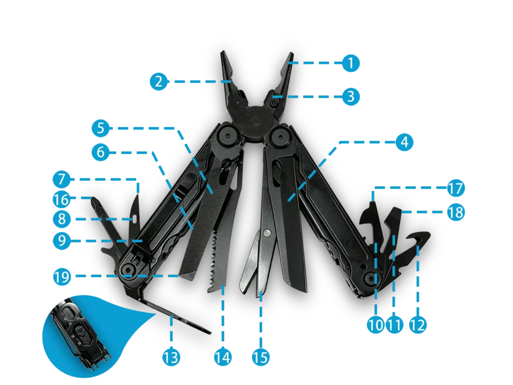 MQ063F professional 19-in-1 tactical multi-pliers full black oxidized finish with belt clip wholesale.Heavy-Duty Multi-Pliers
