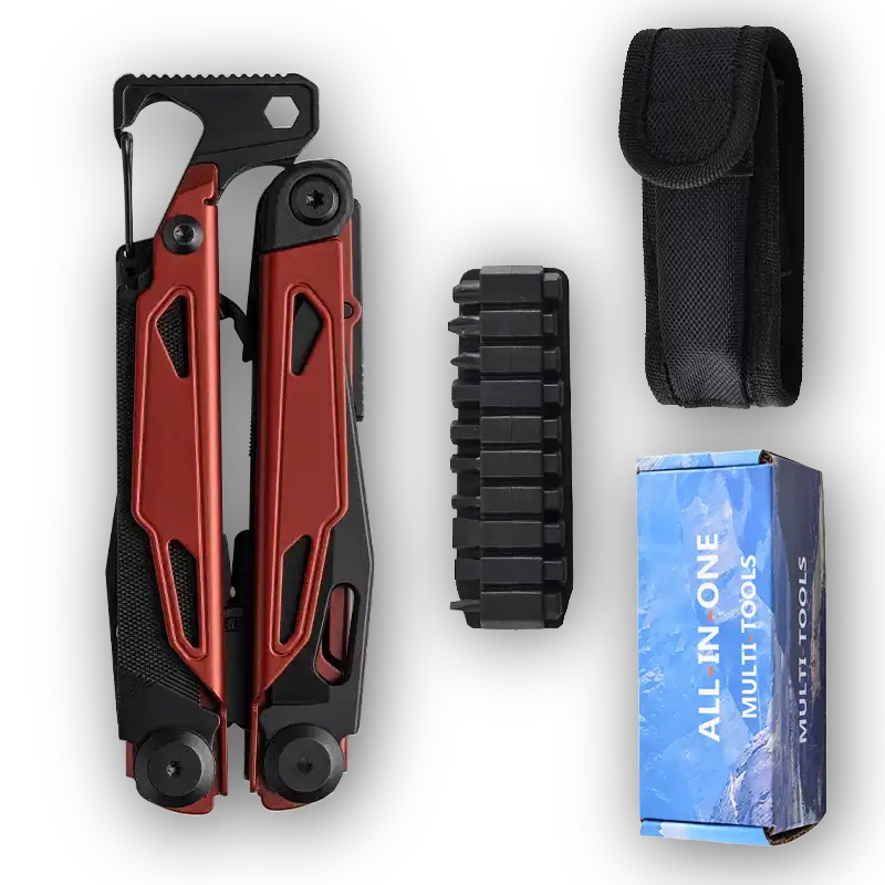 MQ090F-1 19-in-1 Professional Heavy-Duty Multi-Pliers, 5Cr15 High-Performance Steel with Red & Black Handle and Striking Hammer 4 MQ090F-1 professional 19-in-1 tactical multi-pliers red and black handle with hammer wholesale